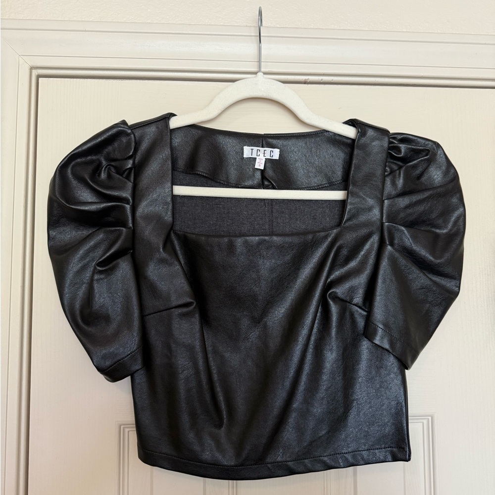 TCEC Black Puff Sleeve Leather Blouse